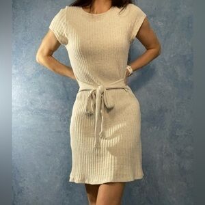 ALYA Short Sleeve Tie Waist Beige Sweater Dress